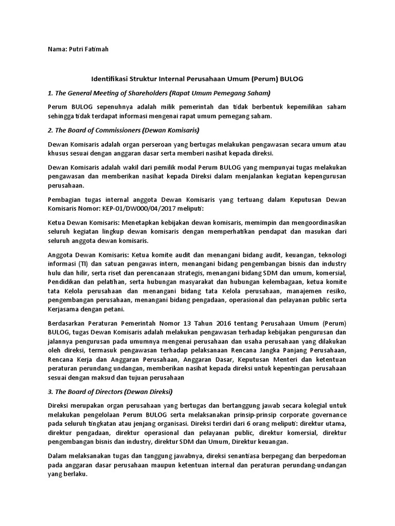 Struktur Internal Perum BULOG | PDF