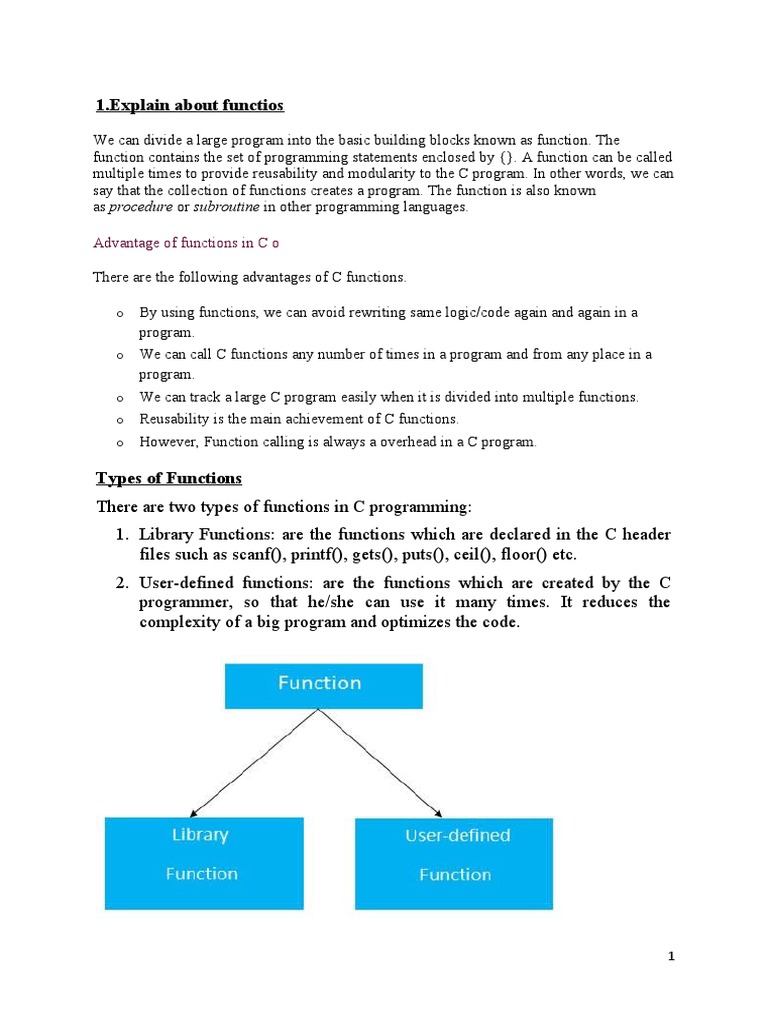 1.explain About Functios: Advantage of Functions in C o | PDF ...