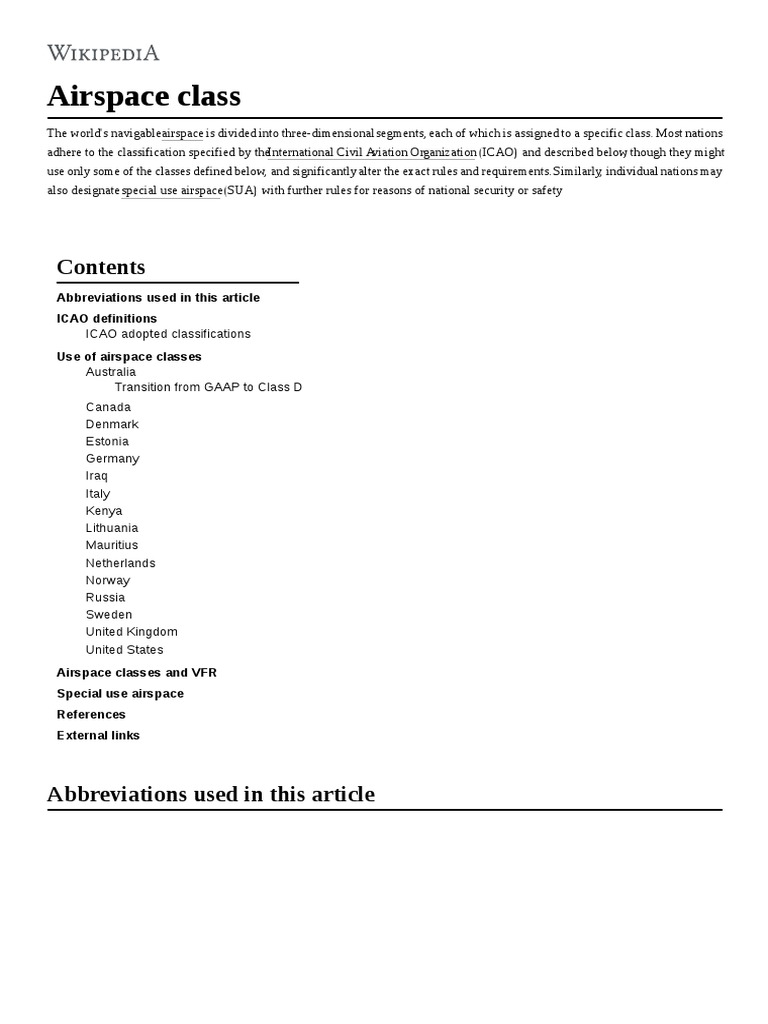 Airspace Class Abbreviations Used in This Article ICAO Definitions Use of Airspace Classes