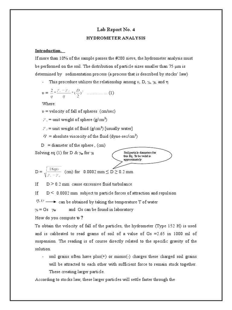 Lab Report No. 4 Hydrometer Analysis PDF Particle Size