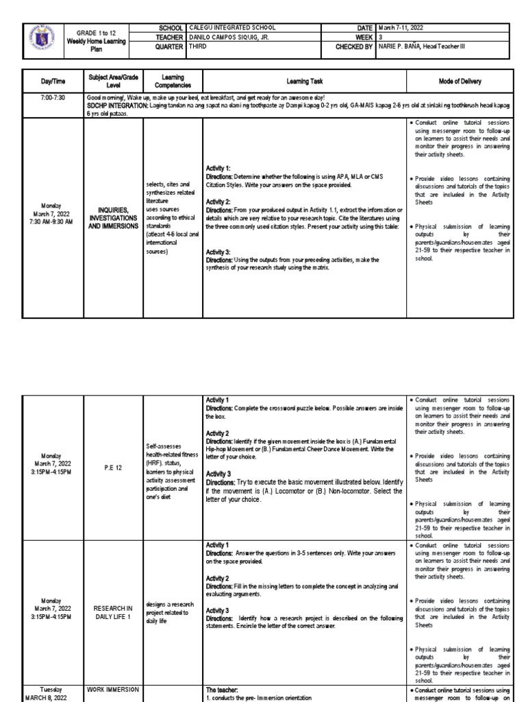 Weekly Home Learning Plan for Grades 1-12 | PDF | Learning | Teachers