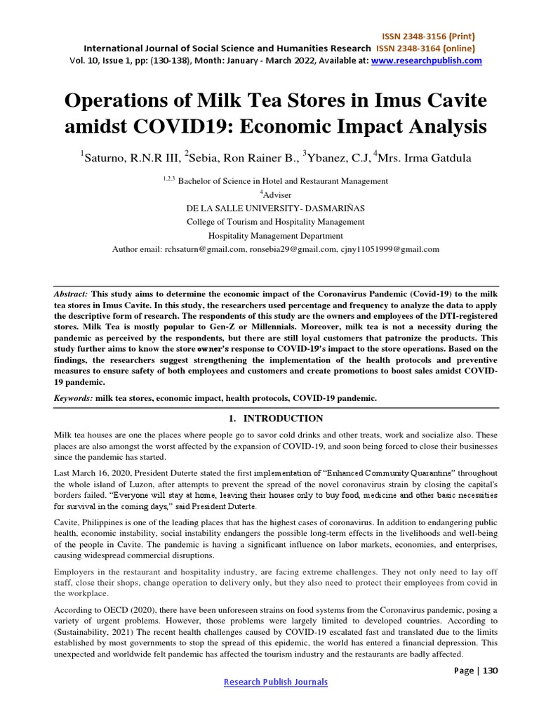 Operations of Milk Tea Stores in Imus Cavite Amidst COVID19 Economic Impact Analysis PDF