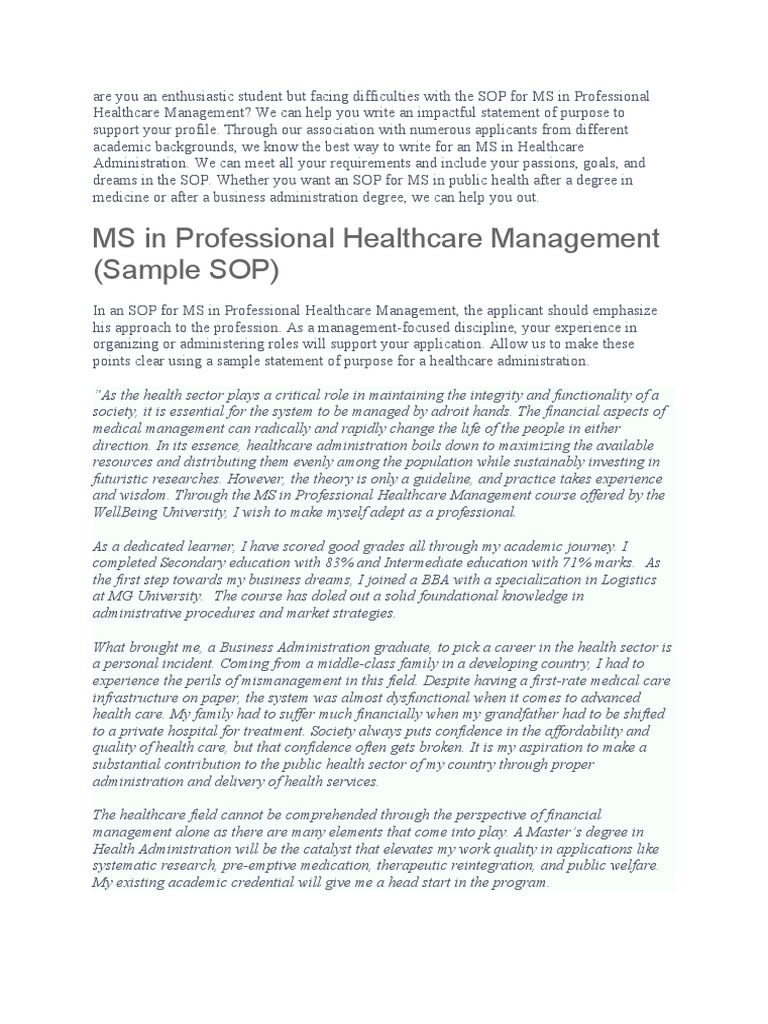 SOP For MS in Professional Healthcare Management PDF