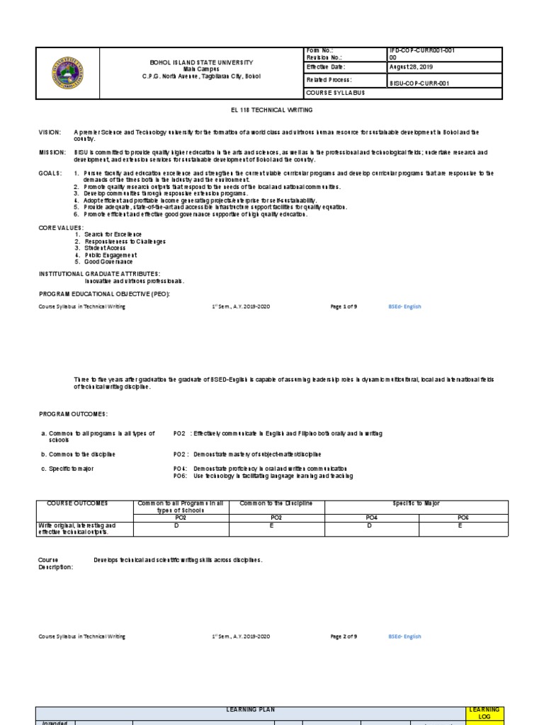 OBE Syllabus Format For Techical Writing | PDF | Writers | Learning