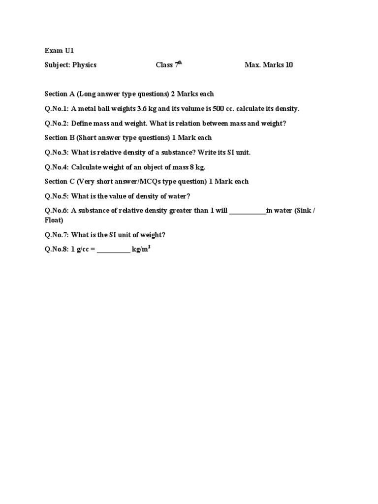 Physics Paper Class 7 Unit 1st | PDF