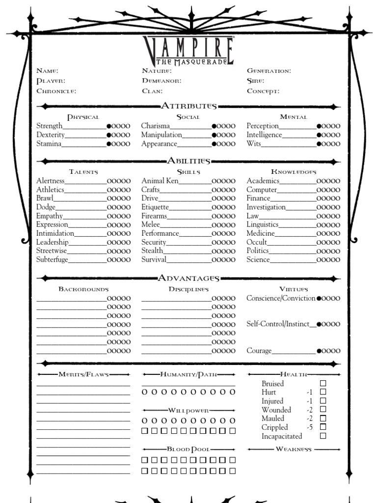Vampire The Masquerade Character Sheet 4 Page Character Sheet Leisure