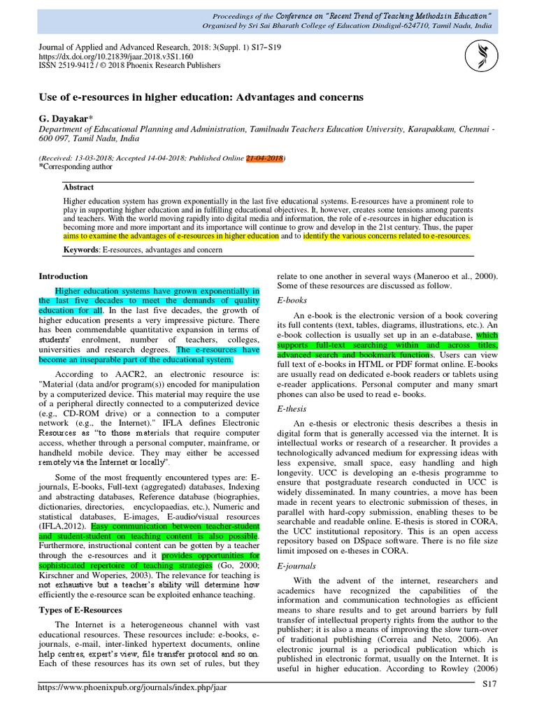 Use of E-Resources in Higher Education Advantages and Concerns | PDF