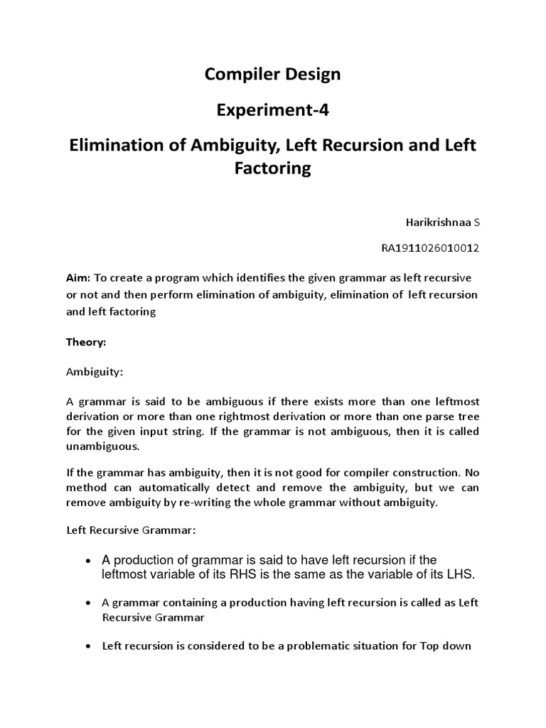 Exp 4 eliminating ambiguity left recursion and left factoring 012