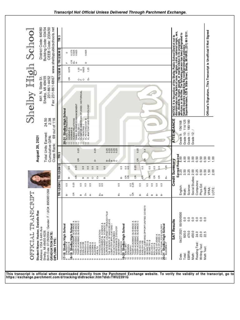 Transcript Not Official Unless Delivered Through Parchment Exchange PDF