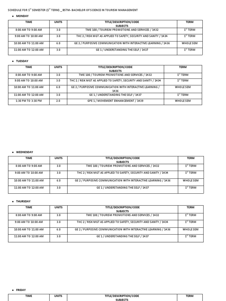 Schedule For 1ST Semester - 1ST Term - 1ST Yr On BSTM | PDF | Self ...