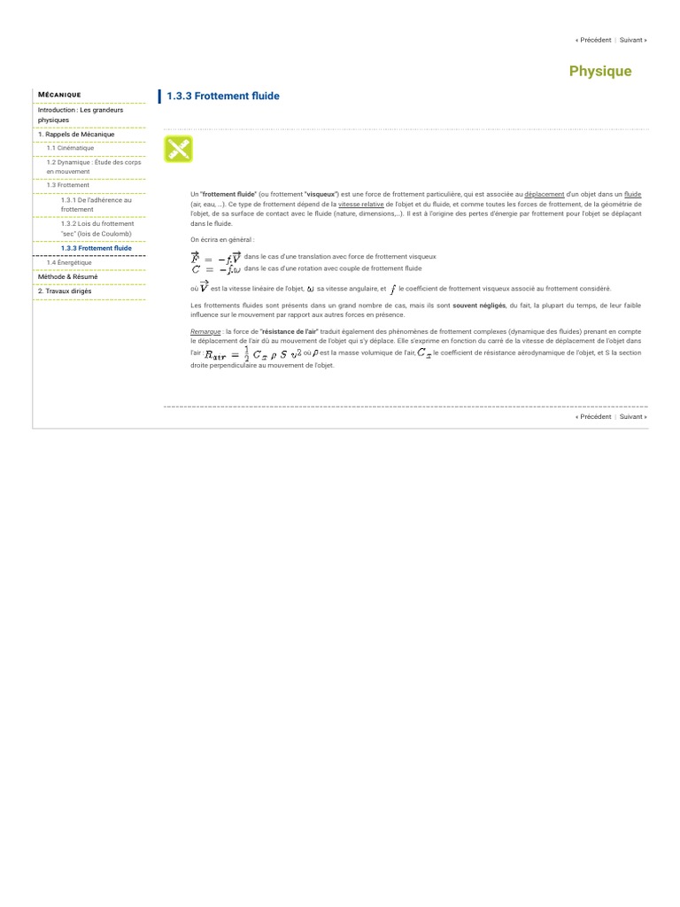 Frottement fluide principes et formules PDF Sciences et mathématiques — free download