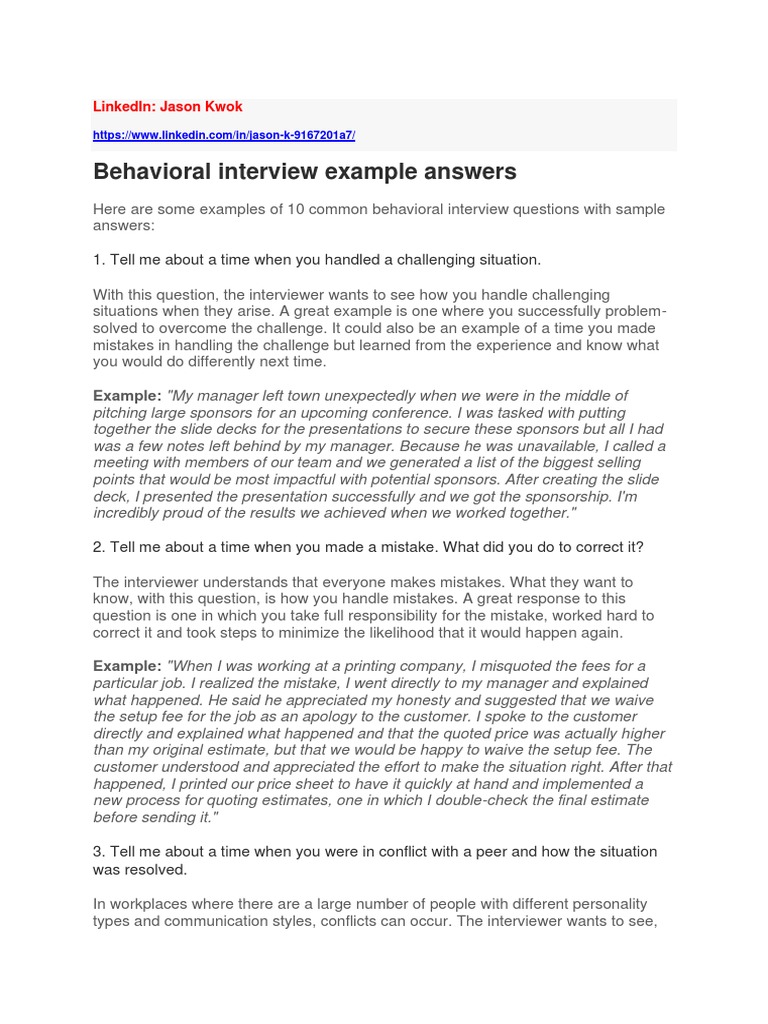 Behavioral Interview Example Answers: 1. Tell Me About A Time When You ...