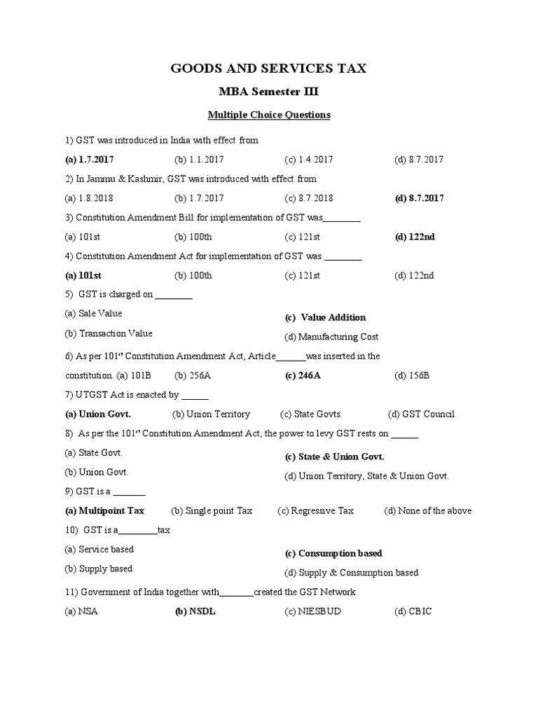 GST Multiple Choice Questions for MBA | PDF | Value Added Tax | Taxes