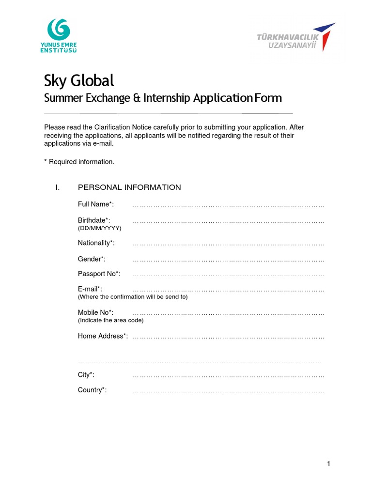 Sky Global Summer Exchange Internship Application Form Pdf