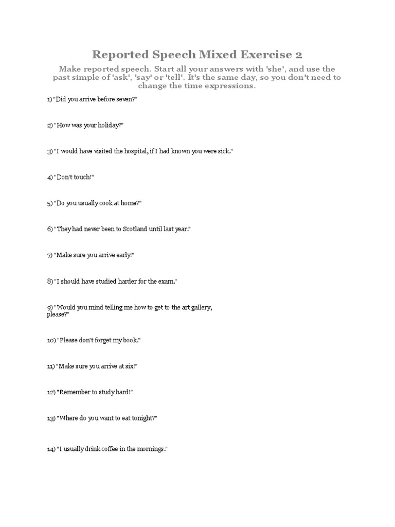 Reported Speech Mixed Exercise 2 Pdf