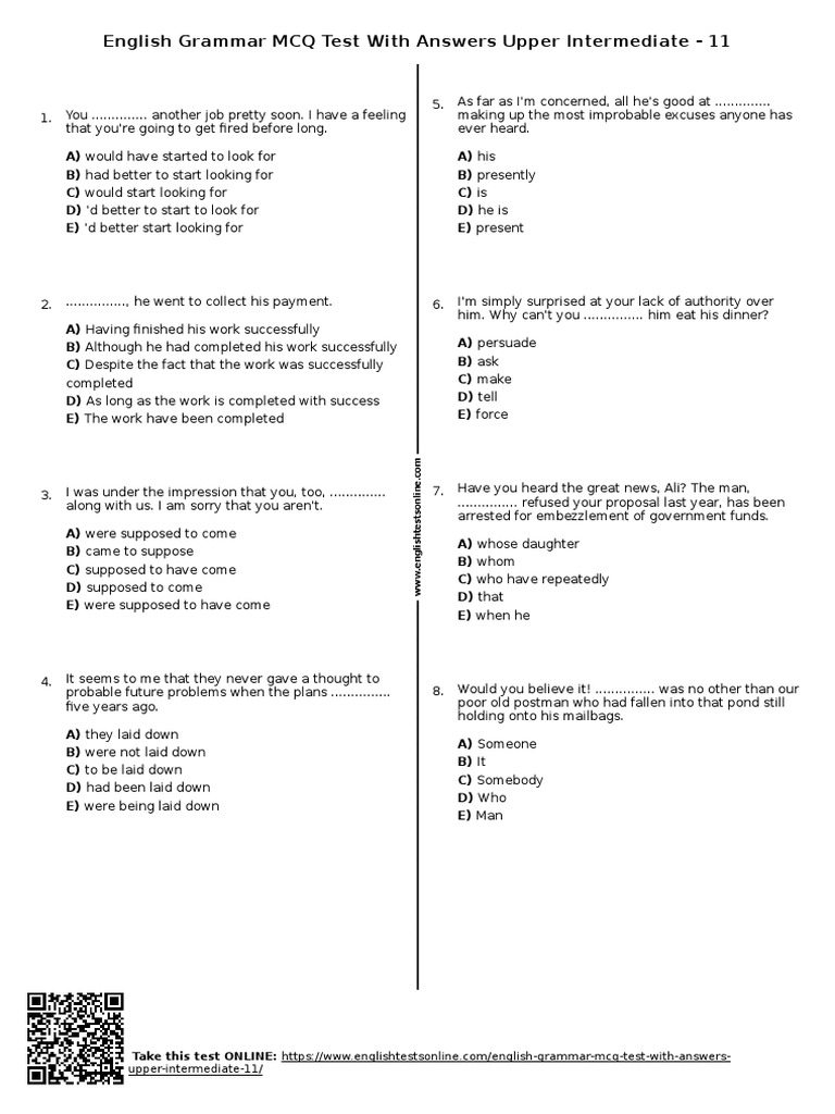 Upper Intermediate English Grammar MCQ | PDF