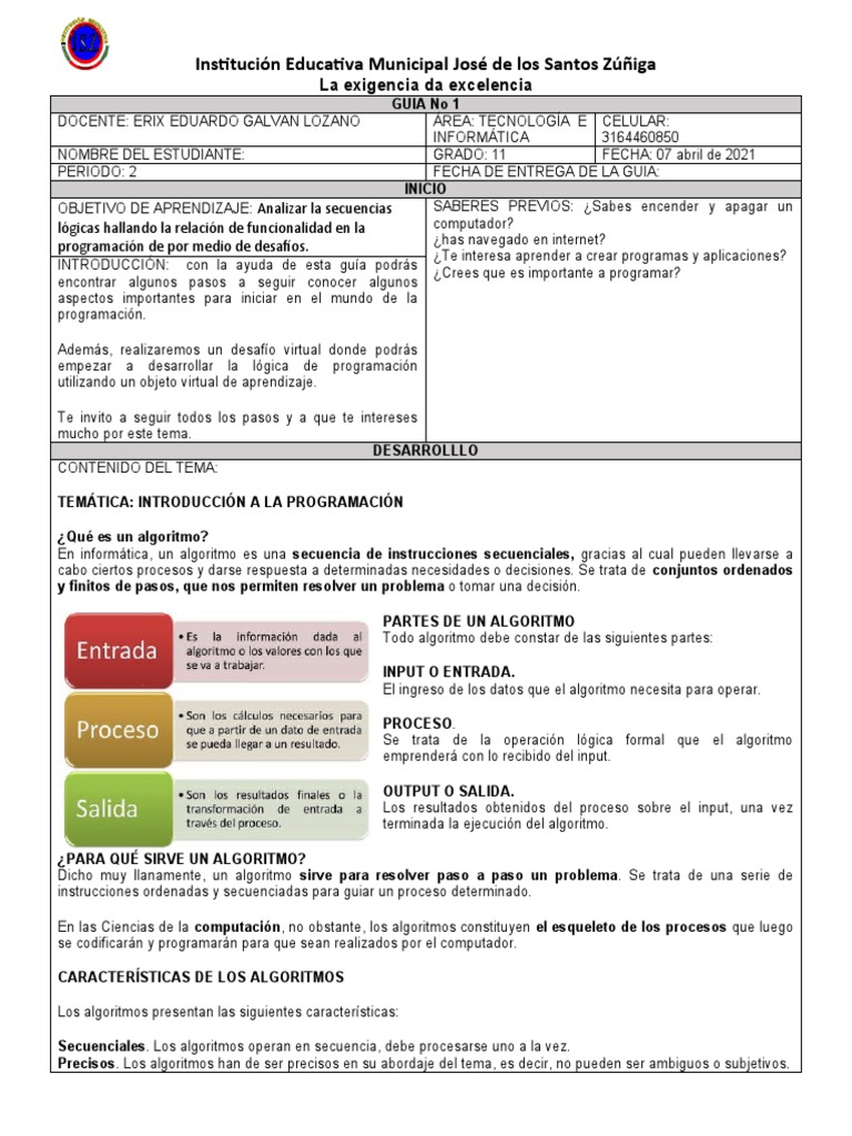 Guía 1 - Tecnologia - Grado 11 - Periodo 2 | PDF | Algoritmos ...