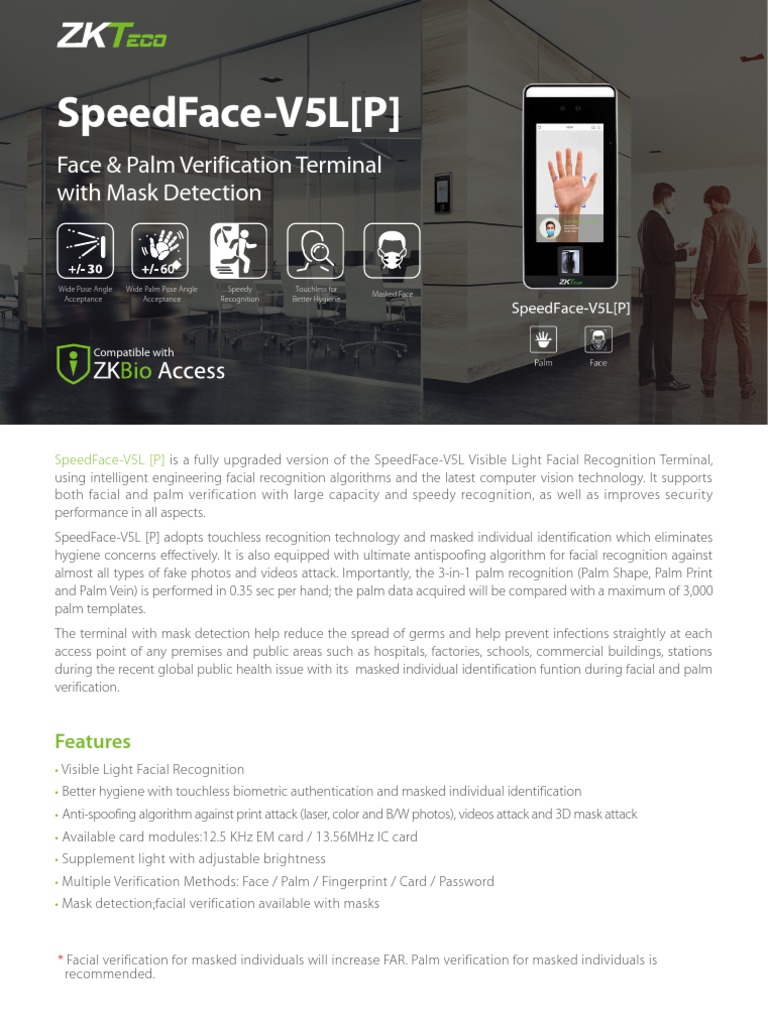 Speedface-V5L (P) : Face & Palm Verification Terminal With Mask ...