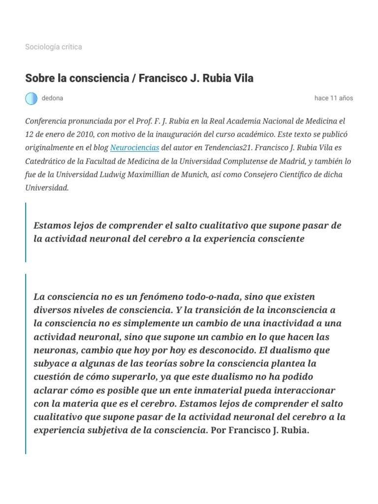 Sobre La Consciencia Francisco J. Rubia Vila Sociología Crítica PDF Mente Corteza cerebral