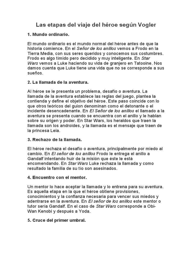 Las Etapas Del Viaje Del Héroe Según Vogler PDF El Señor de los Anillos Obi Wan Kenobi