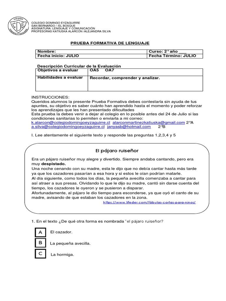 Prueba Formativa de Lenguaje 2° Básico | PDF | Osos