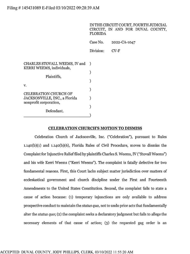 22-CA-1047) Motion To Dismiss (Celebration Church's) | PDF