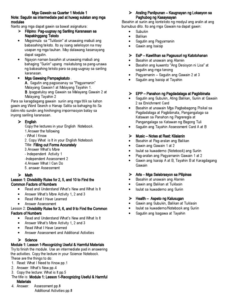 Mga Gawain Sa Quarter 1 Module 1 | PDF