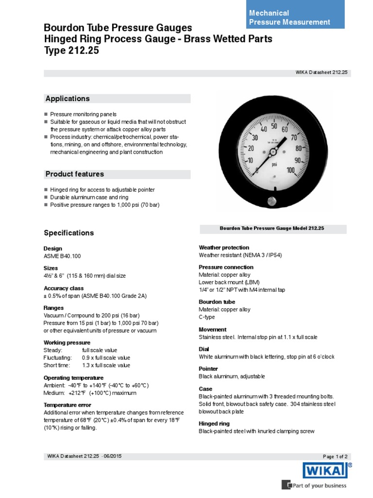 Wika Pressure Gauges 212.25 Series Data Sheet PDF