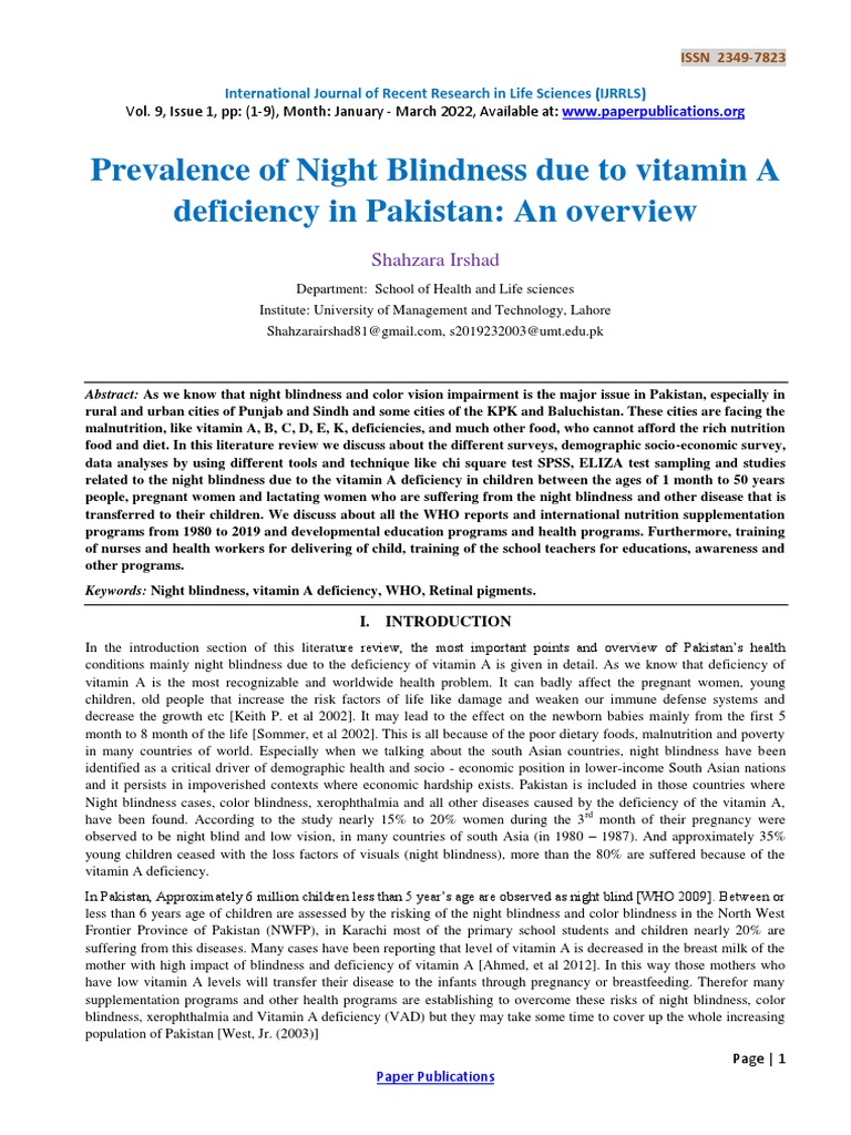 Prevalence of Night Blindness Due To Vitamin A Deficiency in Pakistan