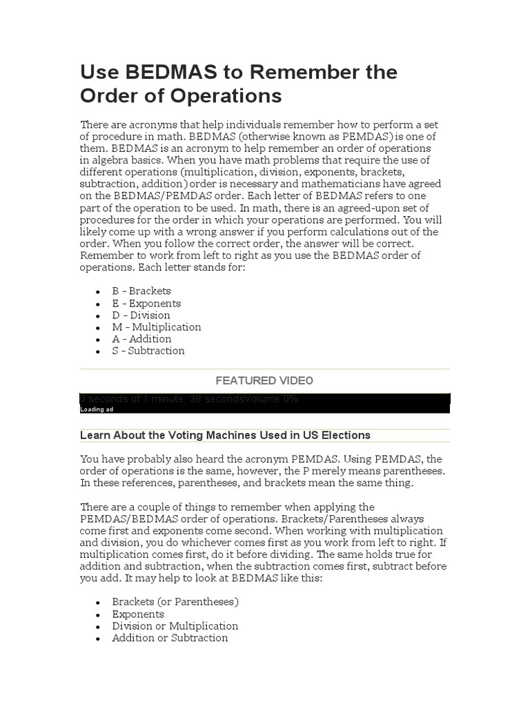 Use BEDMAS To Remember The Order of Operations PDF Bracket