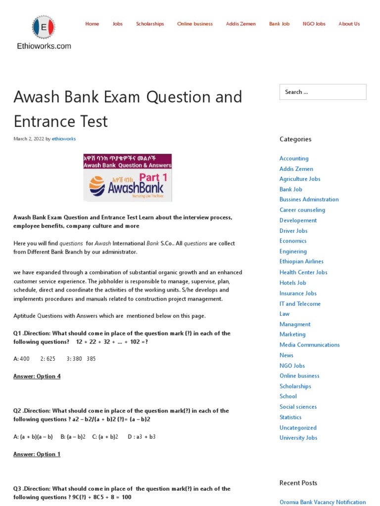 Awash Bank Exam Question and Entrance Test | PDF | Economies