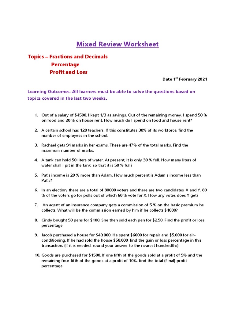 Mixed Review Worksheet PDF Percentage