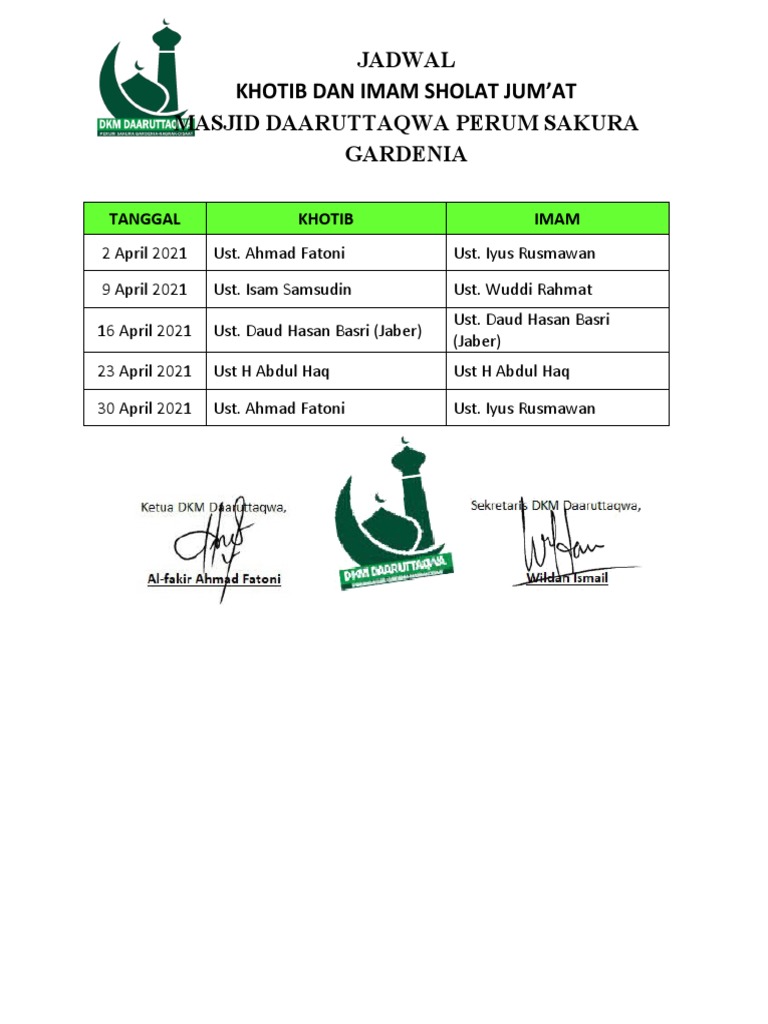 Jadwal Khotib & Imam Jumat | PDF