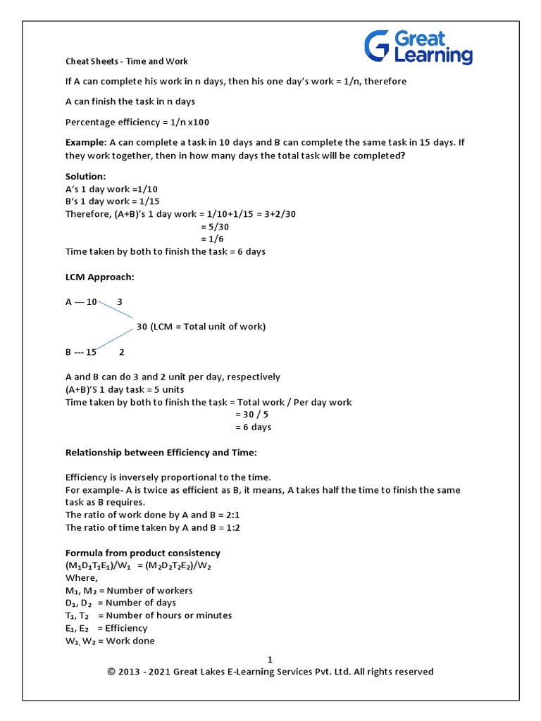 Cheat Sheet - Time and Work | PDF