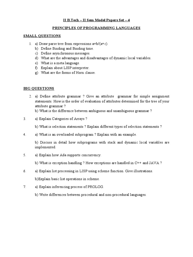 II B.Tech - II Sem Model Papers Set - 4 Principles of Programming ...