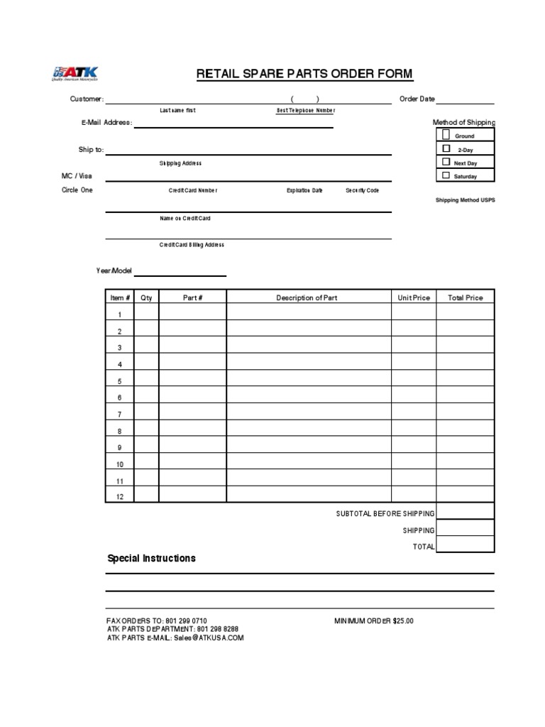 Retail Spare Parts Order Form | PDF