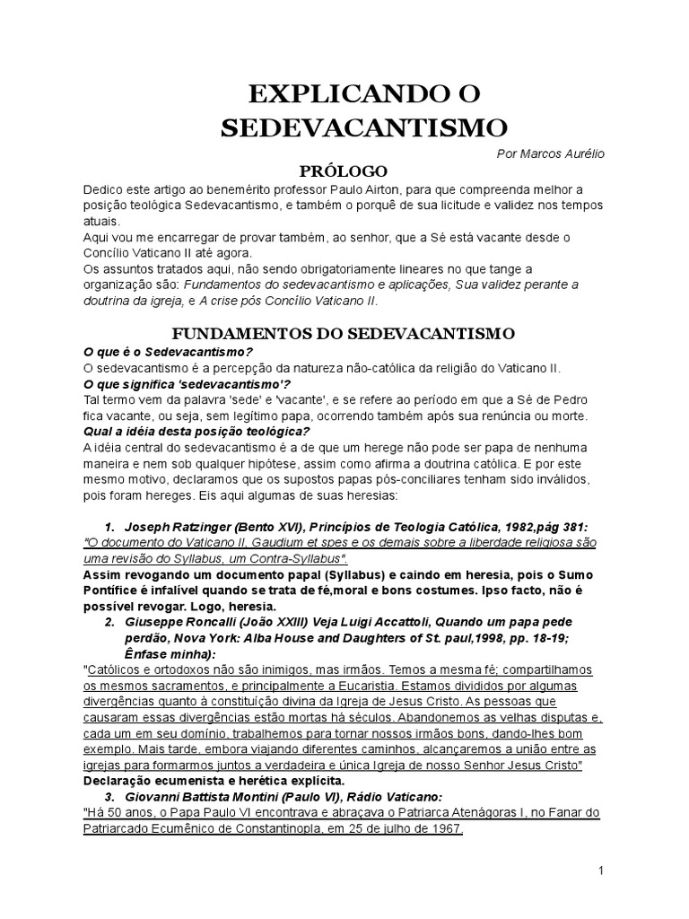 Entendendo o Sedevacantismo | PDF | Igreja católica | Papa