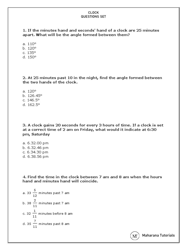 A. 110° B. 120° C. 135° D. 150° Clock Questions Set PDF Spacetime