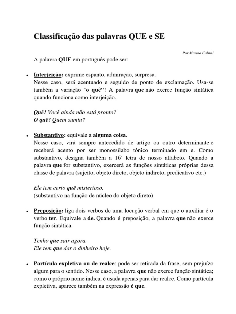 Classificação Das Palavras QUE e SE | PDF | Pronome | Assunto (gramática)