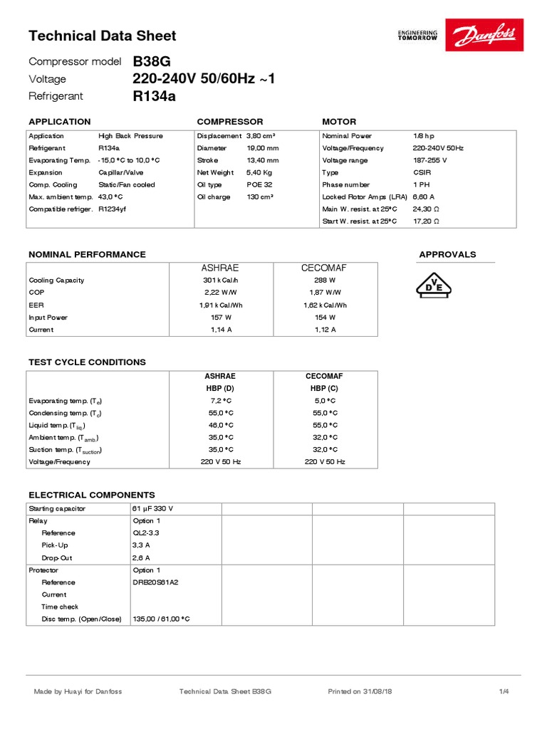 Technical Data Sheet B38G 220240V 50/60Hz 1 R134a Compressor Model