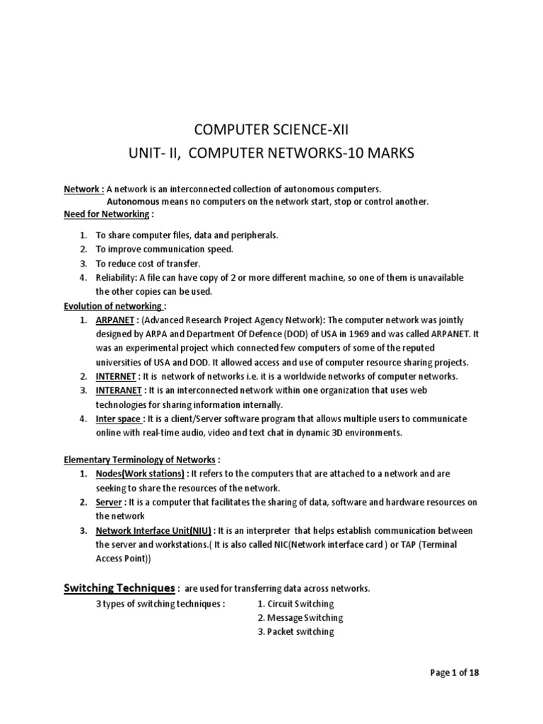 Computer Science-Xii Unit-Ii, Computer Networks-10 Marks: Switching ...