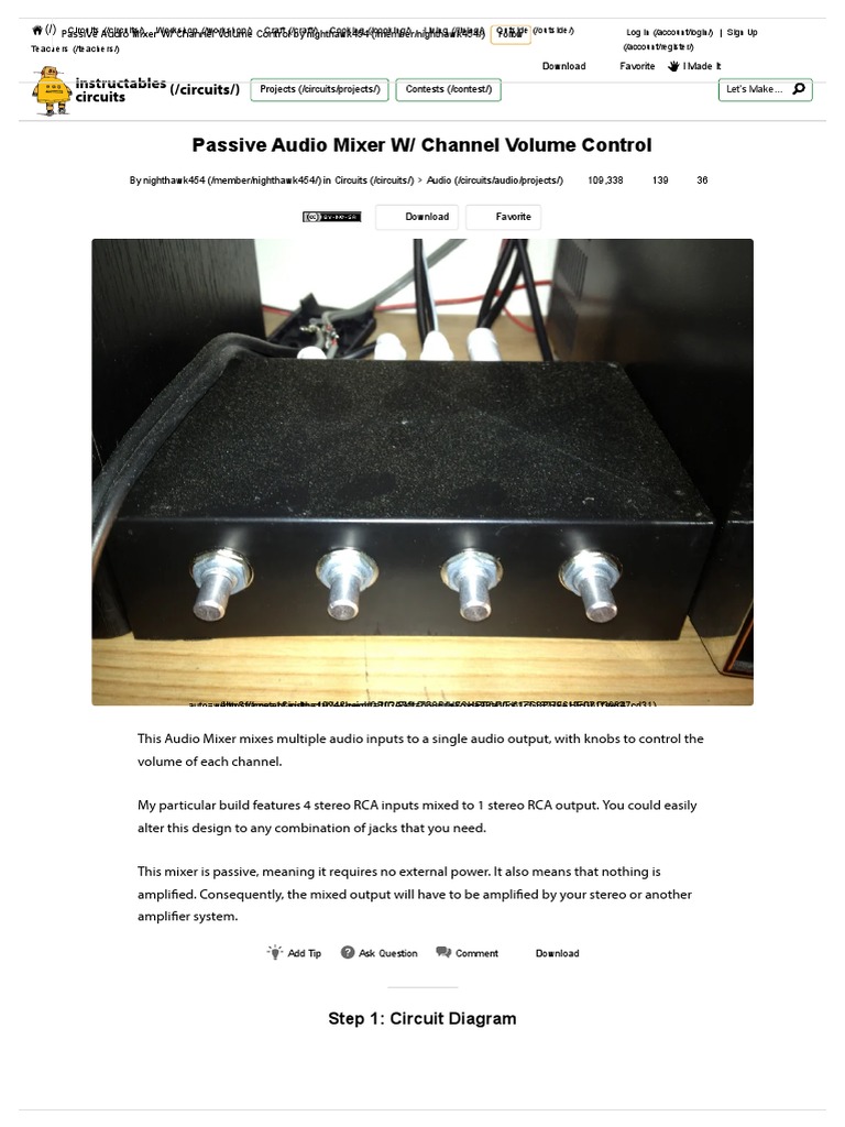 Passive Audio Mixer W - Channel Volume Control - 6 Steps