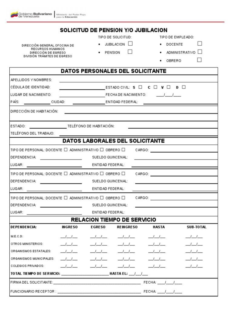 Planilla de solicitud de jubilacion mppe pdf