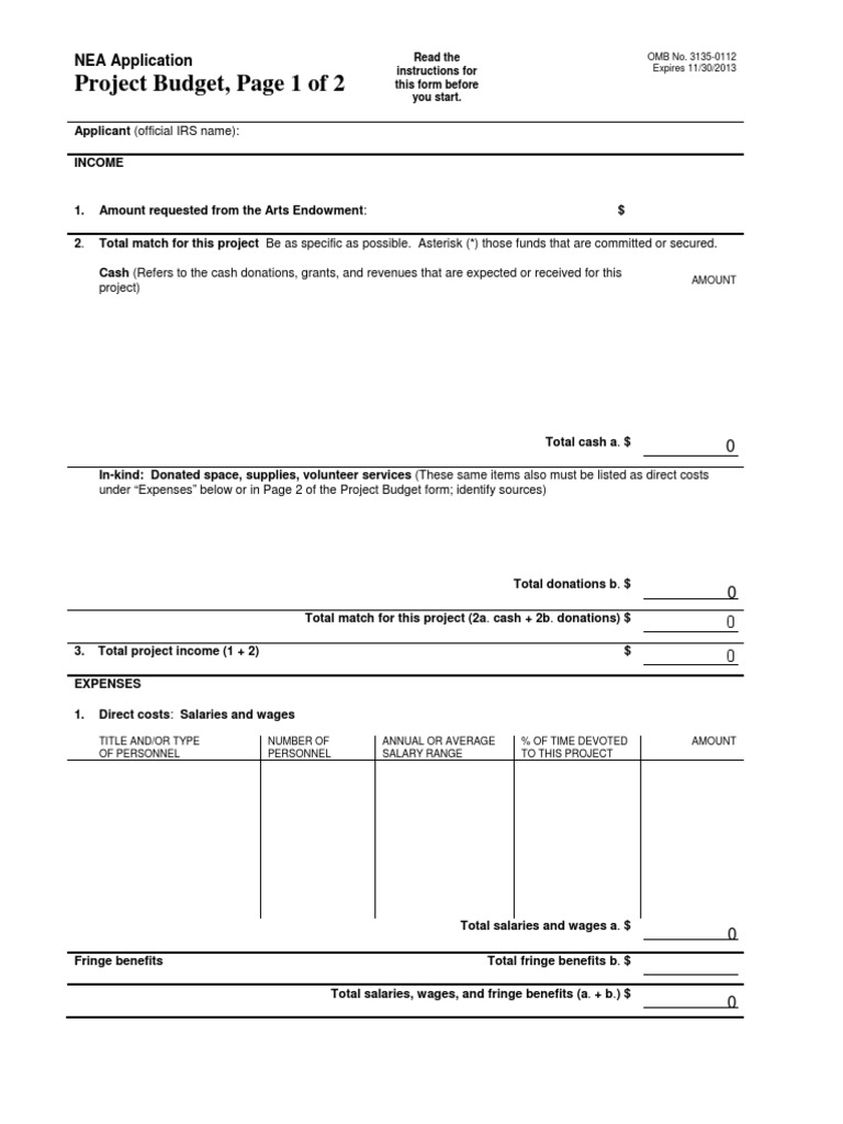 NEA Grant Application Budget Form for [Applicant Name] Project PDF Employee Benefits Budget