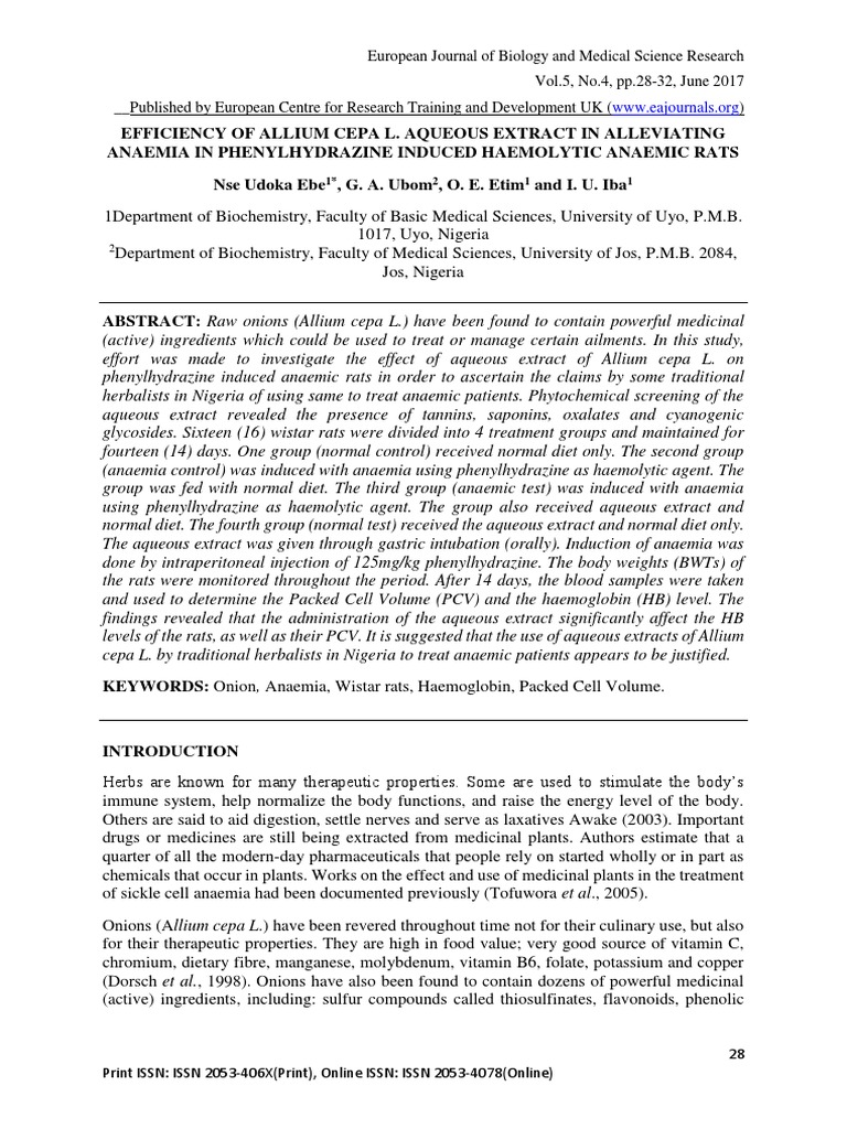 Efficiency of Allium Cepa L. Aqueous Extract in Alleviating Anaemia in ...