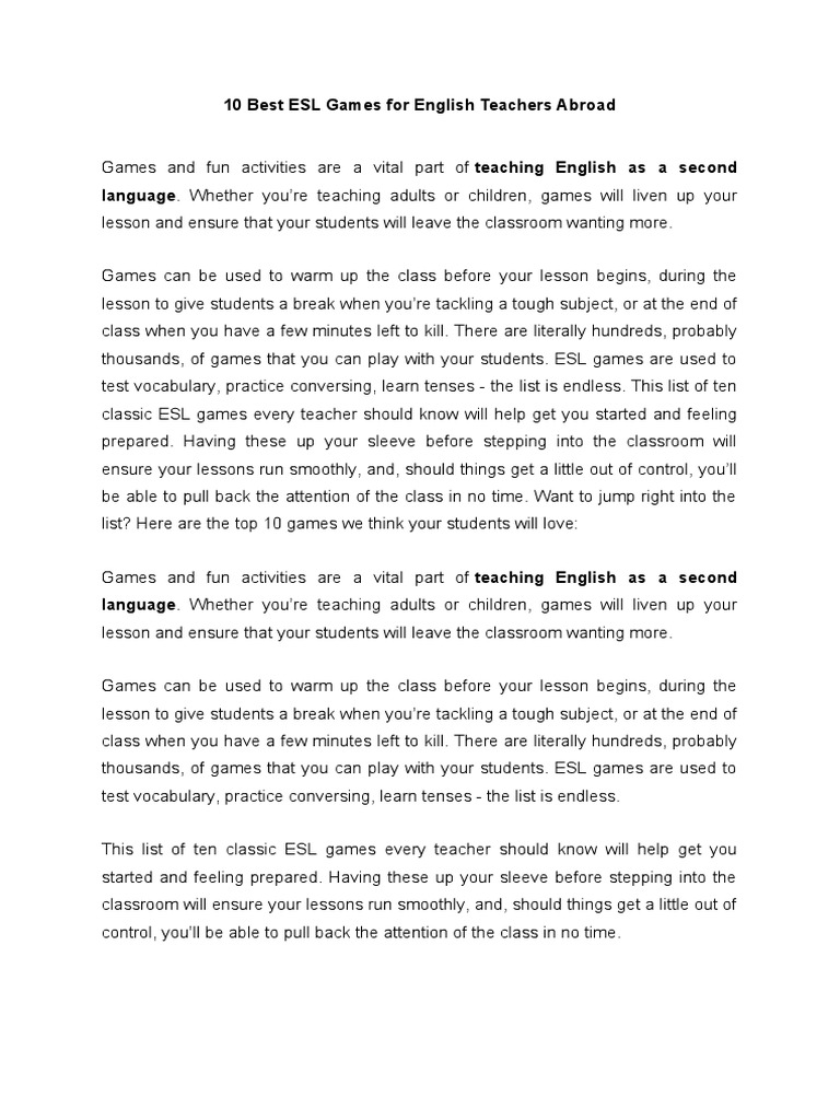 Top 10 ESL Games for Teachers Abroad | PDF | English As A Second Or ...