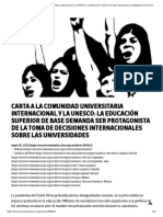 Carta A La Comunidad Universitaria Internacional y La UNESCO - La Educación Superior de Base Demanda Ser Protagonista de La Toma de Decisiones Internacionales Sobre Las Universidades