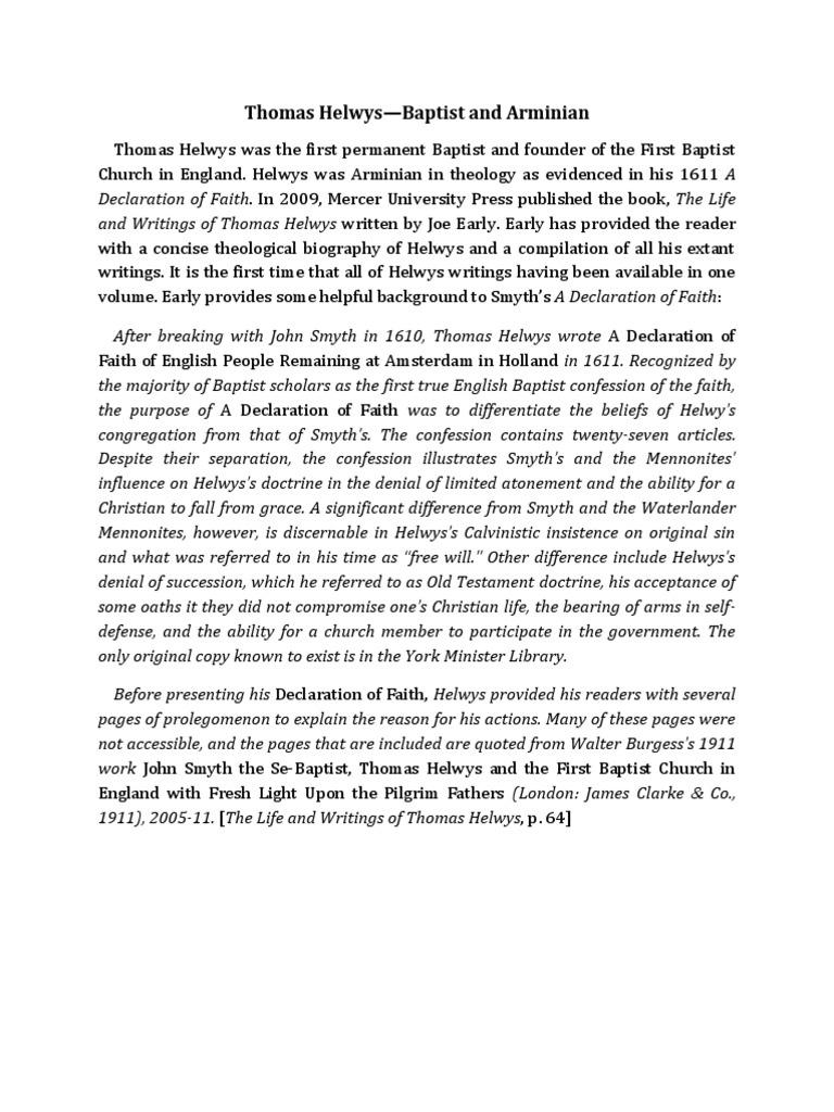 Thomas Helwys (Baptist and Arminian) PDF Eucharist Grace In