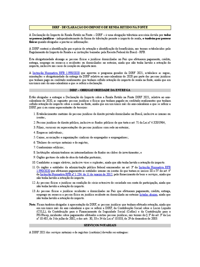 DIRF - Declaração Do Imposto de Renda Retido Na Fonte | PDF | Imposto ...