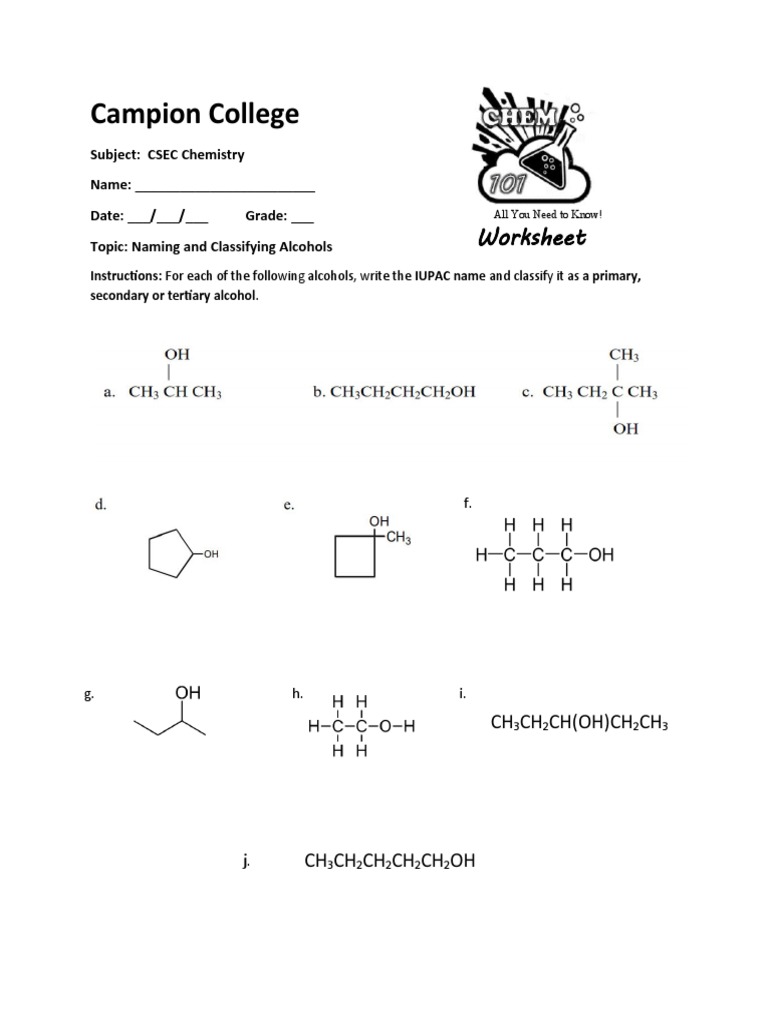 Cc csec chemistry naming alcohols worksheet pdf
